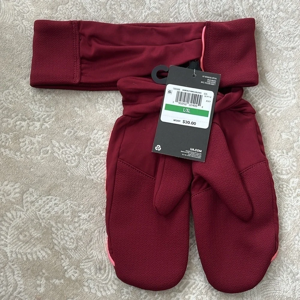 Brand New Under Armour Maroon Fleece Headband Earband & Mittens Set Running